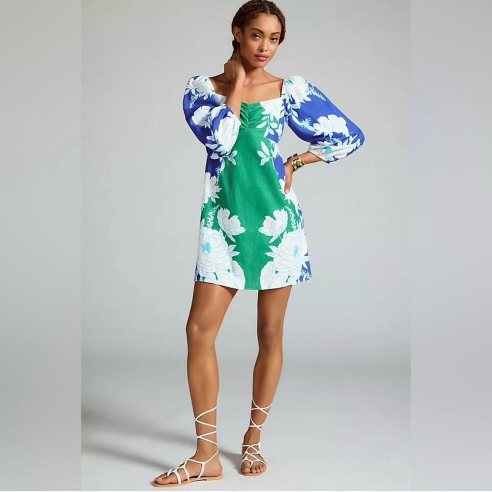 Farm Rio Blue Green White Garden Floral Dress - Size XL